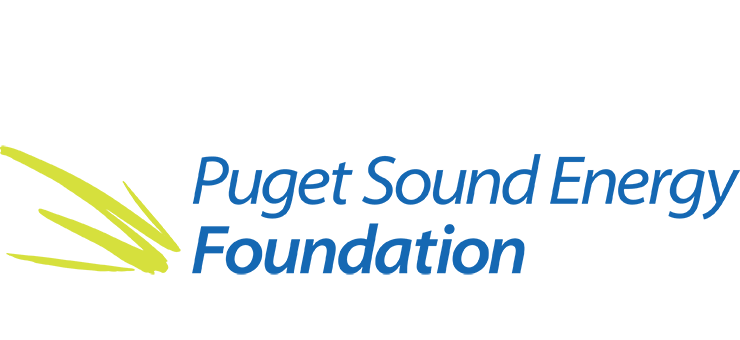 Puget Sound Energy Foundation logo with a vibrant yellow green brush stroke preceding blue text in a san-serif font