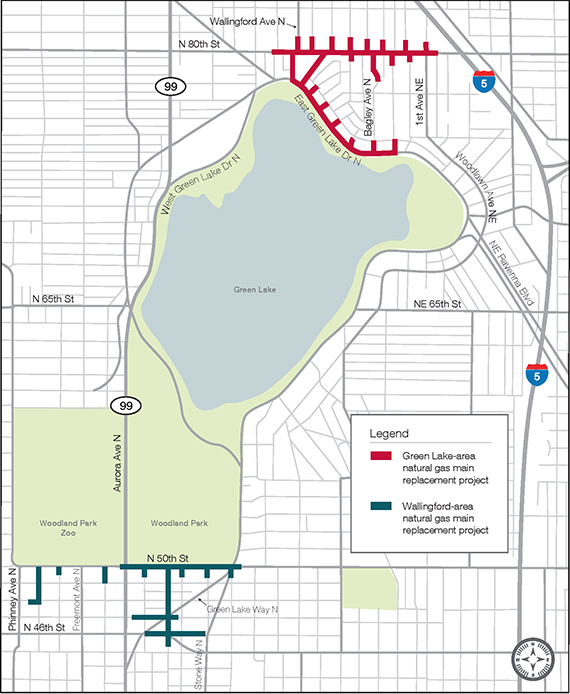 Map of Green Lake and Wallingford area natural gas main replacement projects