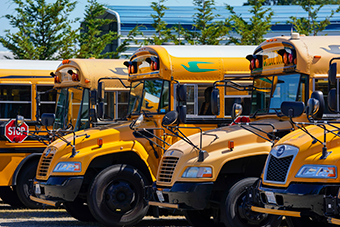 Yellow school buses parked in a row