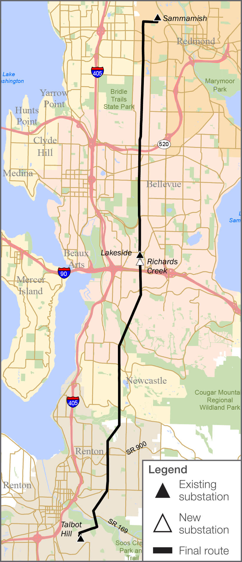 Map showing location of Energize Eastside project from Talbot Hill north to Sammamish, through Richards Creek and Lakeside