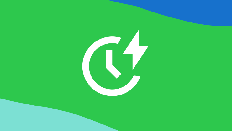 A white graphic line art icon clock face with energy bolt over a bright green background with blue and light teal accents