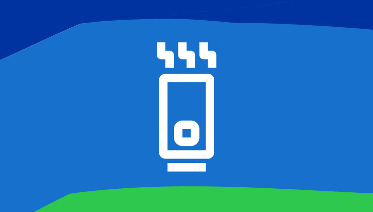 A white graphic line art icon heat pump over a bright blue background with dark blue and green accents