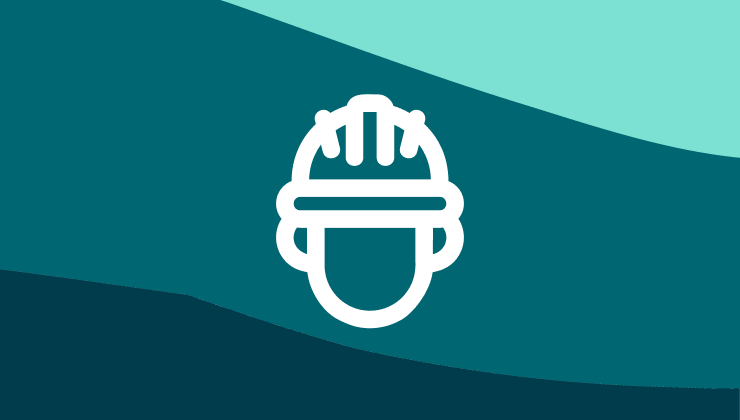 A white graphic line art icon depicting a human head wearing a hardhat over a medium teal background with dark and light teal accents