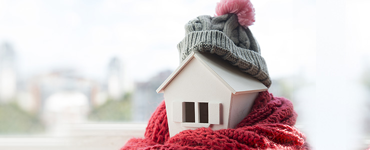 model of a house wearing a knitted cap