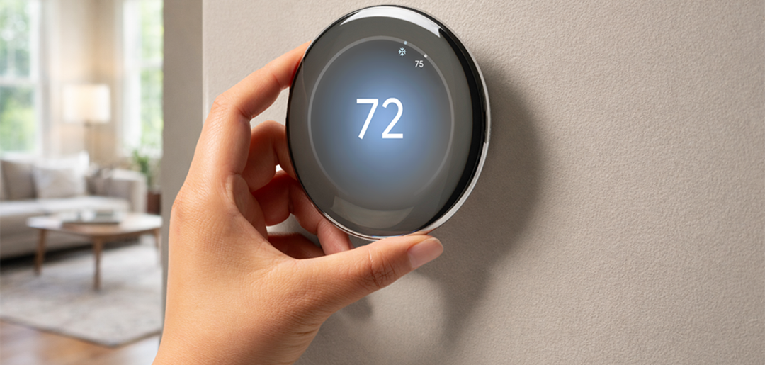 Hand adjusting wall mounted Google Nest smart thermostat