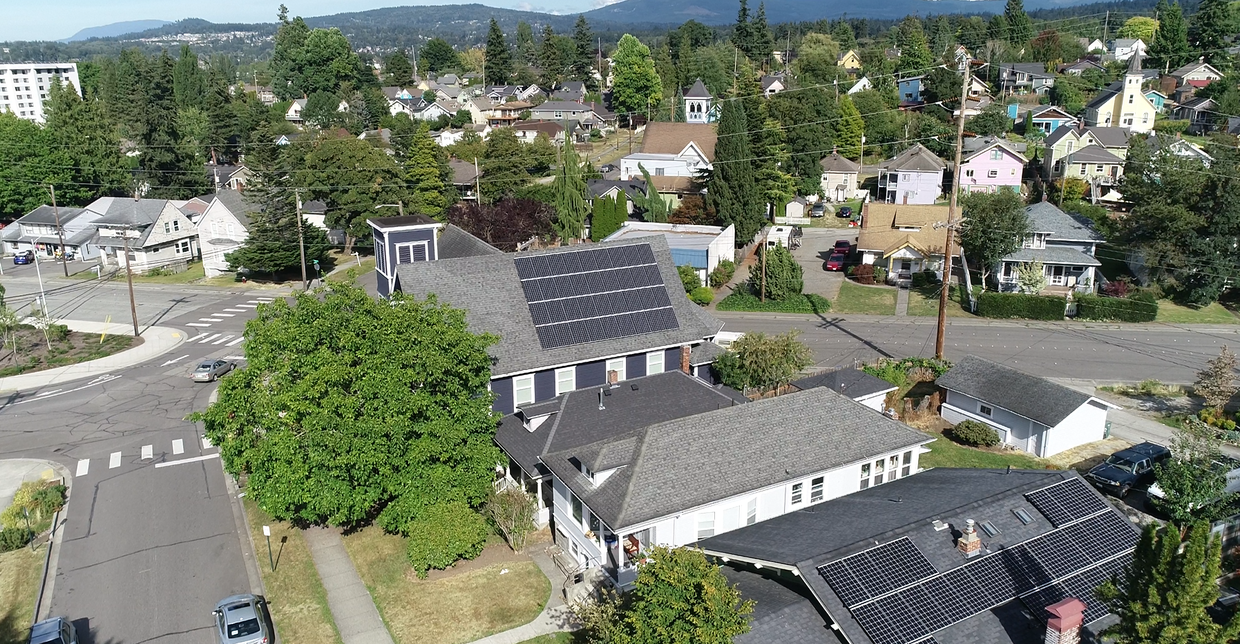 Aerial view of Lydia Place rooftop solar panels