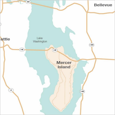 Map of Mercer Island showing island in Lake Washington and including surrounding highways