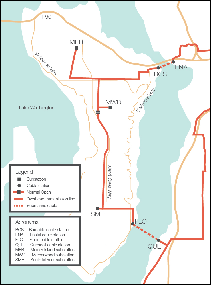 Map of Mercer Island showing island in Lake Washington and including surrounding highways