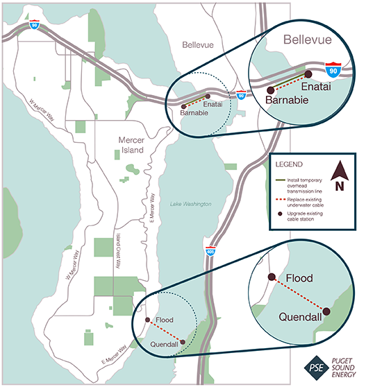 Map of Mercer Island showing island in Lake Washington and including surrounding highways